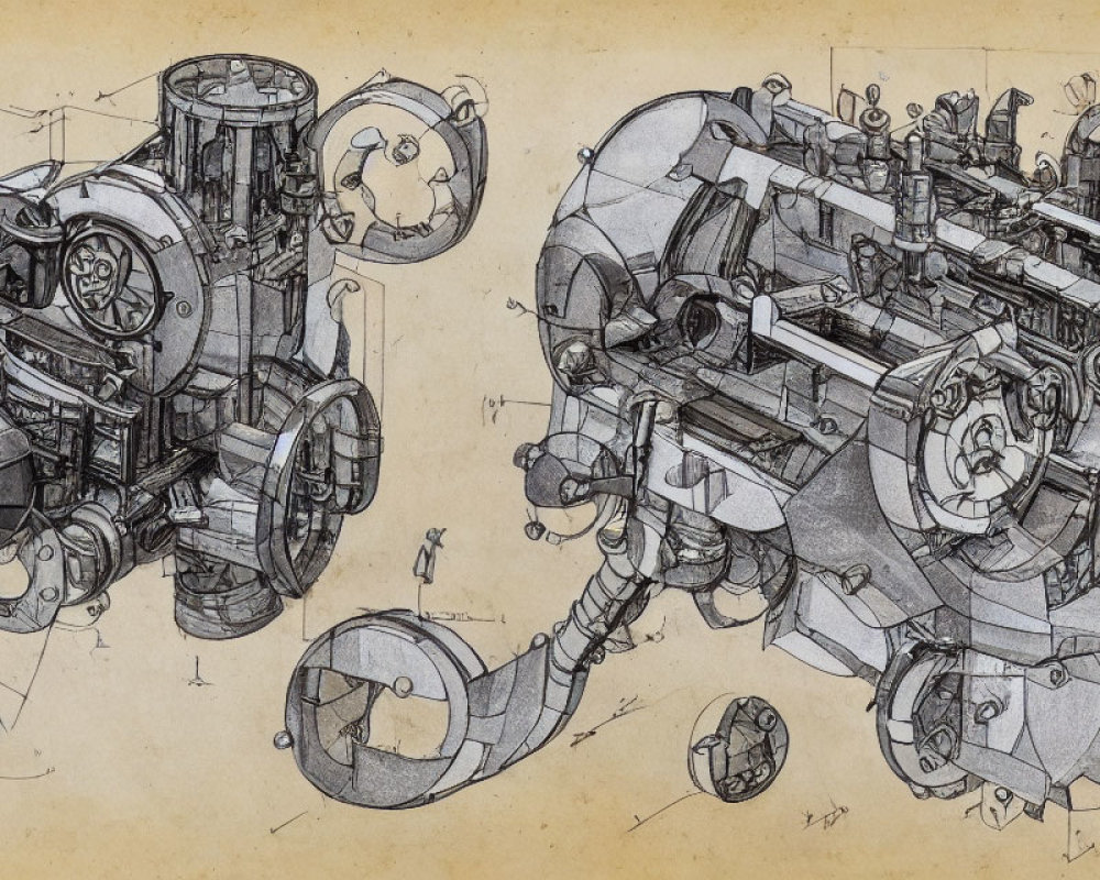 Detailed vintage technical drawings of complex machinery with gears and levers on aged paper