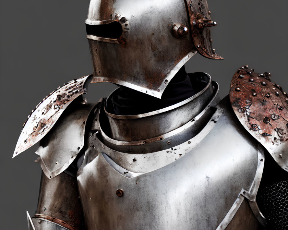 Rusted medieval knight's armor with helmet and pauldrons on grey background