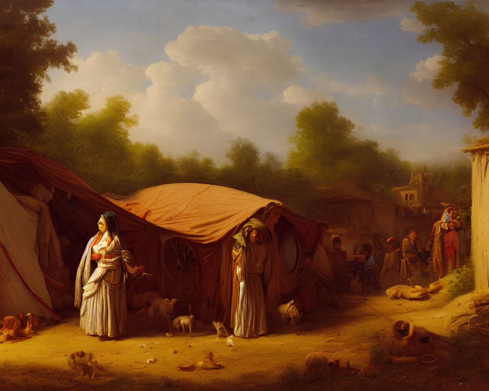 Rural camp scene with period clothing, tents, animals, and warm lighting