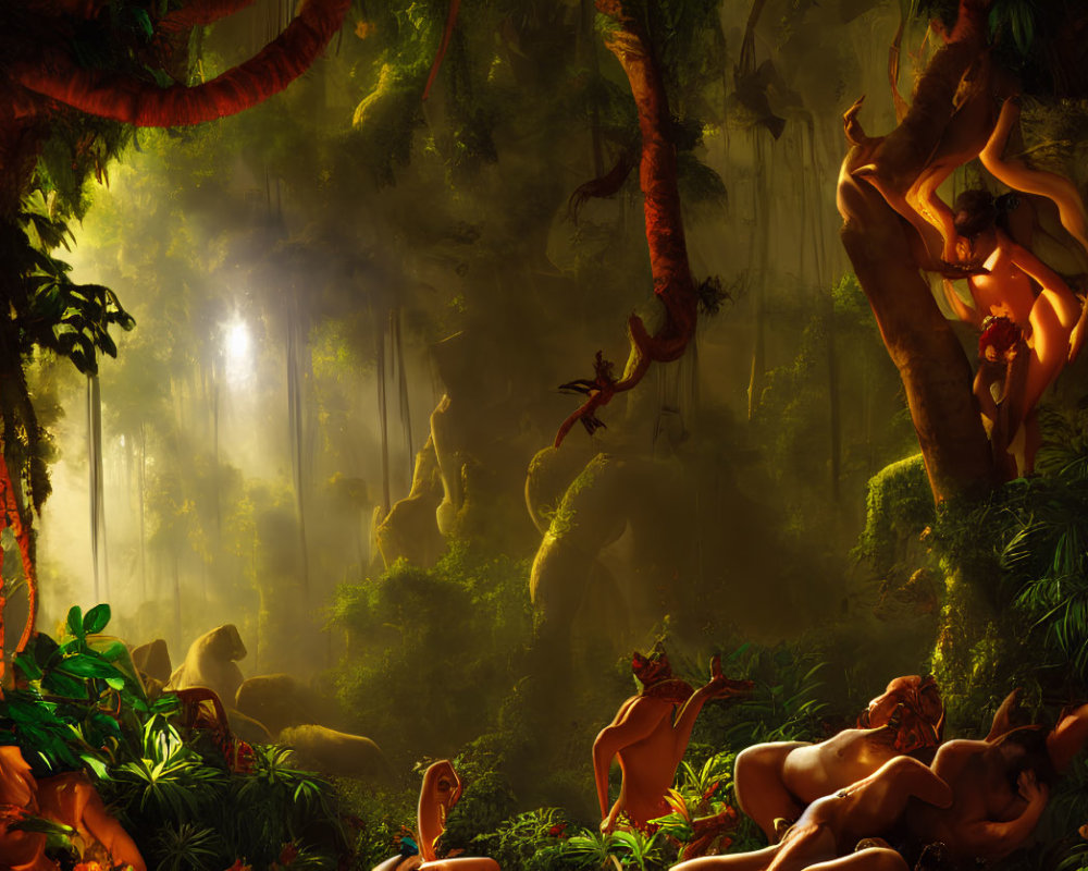 Ethereal jungle scene with humanoid figures and ancient trees