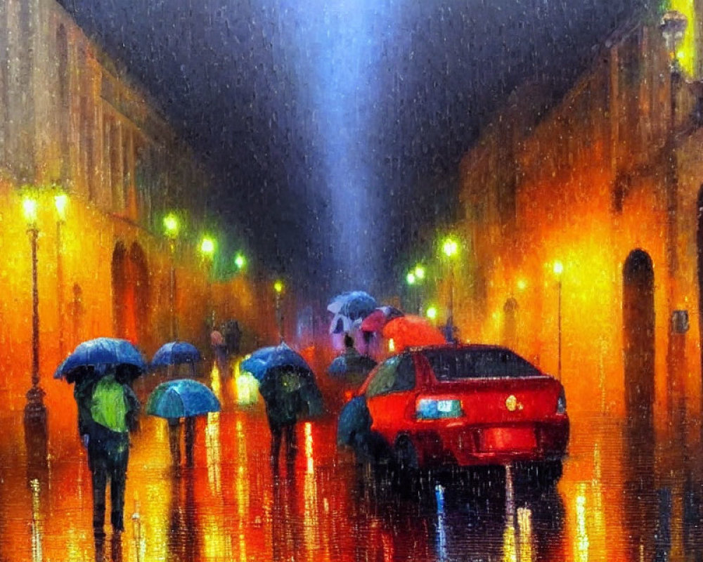 Rainy urban night painting with people and cars on wet streets