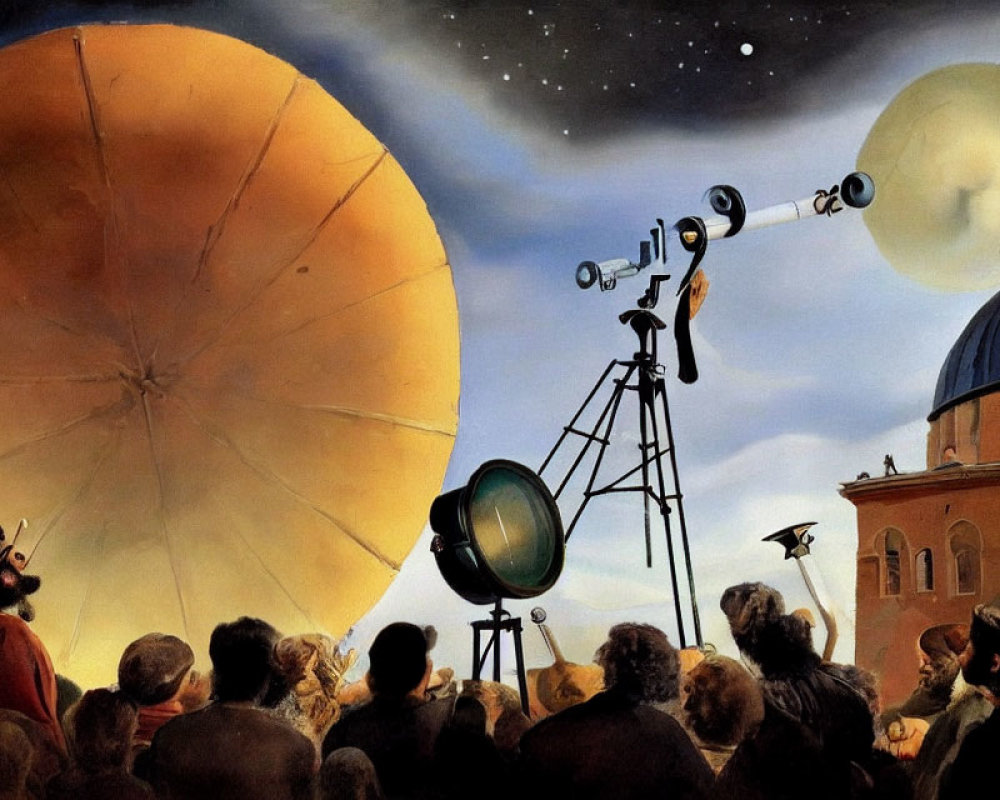 Crowd admiring oversized telescope under starry sky