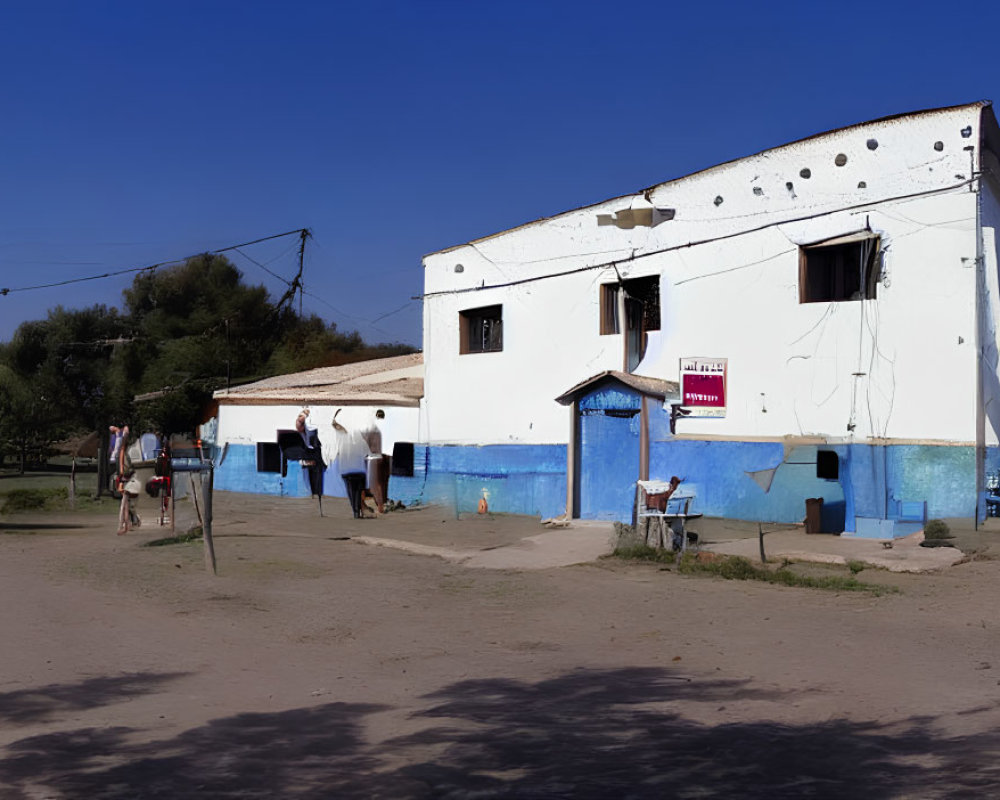 Rural Location: Sunny Day, People Walking, Blue and White Building