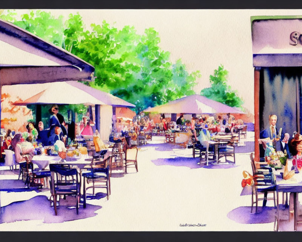 Colorful Watercolor Painting of Outdoor Cafe Scene