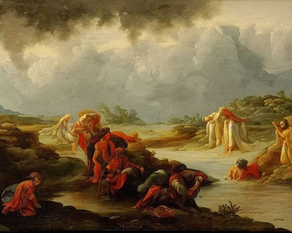 Classical painting of robed figures in bleak landscape