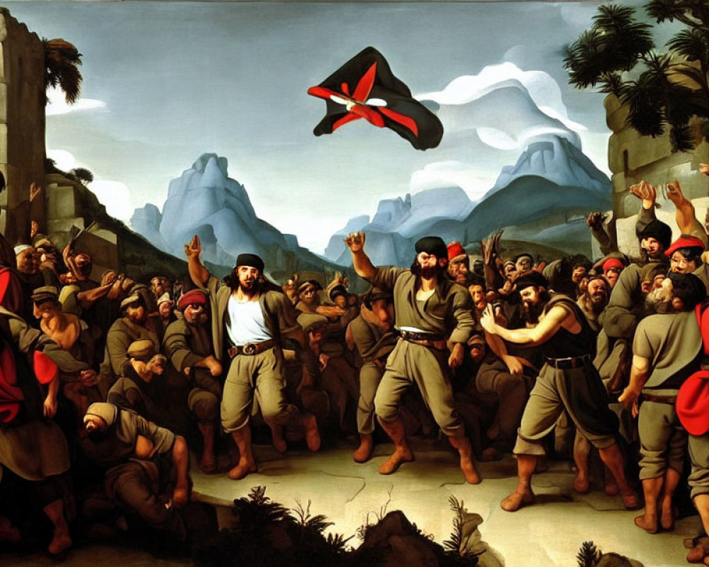 Historical painting: People in 19th-century attire protesting with man holding red hat flag