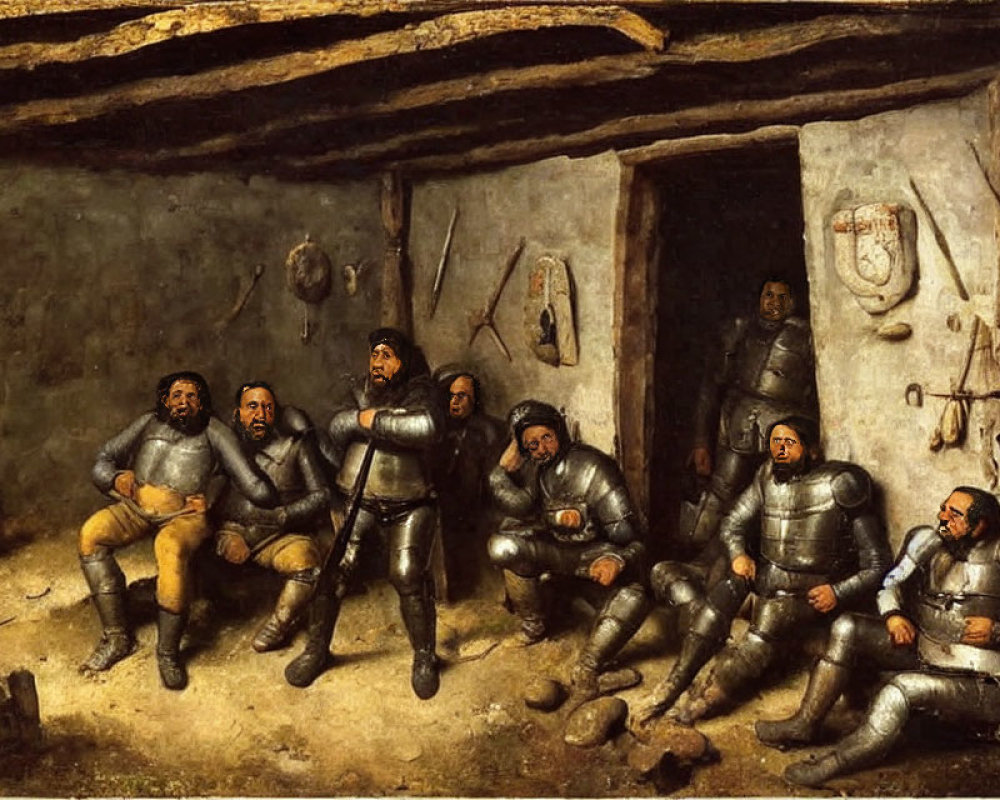 Armored men in rustic room with tools and objects