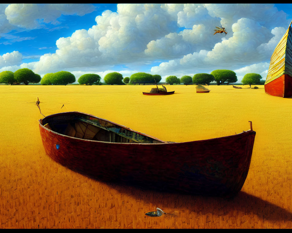 Surreal landscape with boats on dry cracked ground under blue sky