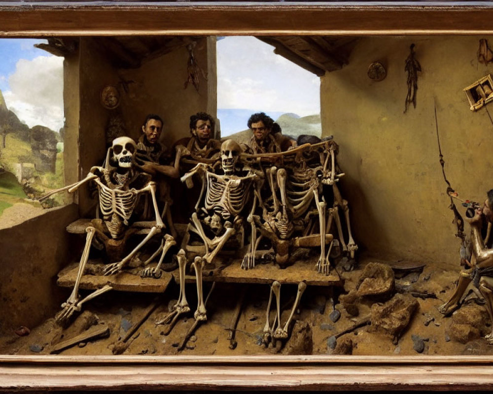 Detailed diorama of living person and skeletons in room with outdoor view