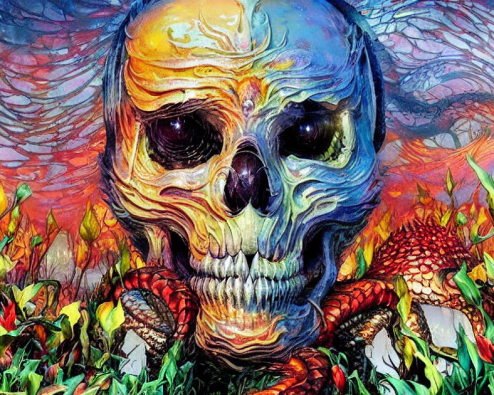 Colorful Skull Artwork with Rainbow Hues in Fiery Landscape