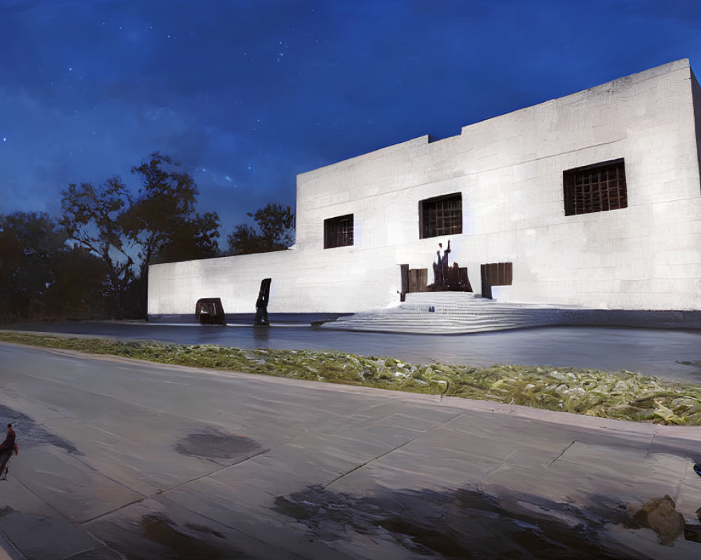 Modern building at twilight with curved path, greenery, sculptures, and planet in clear sky