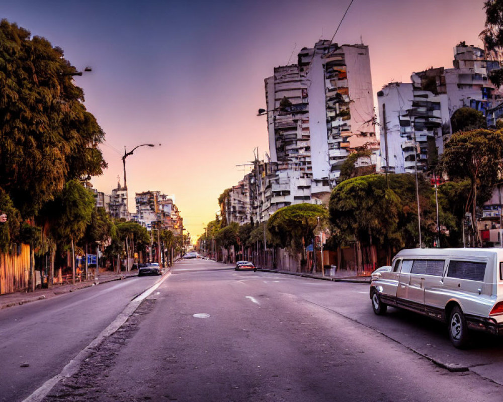 City street at sunset with trees, modern buildings, and white limousine