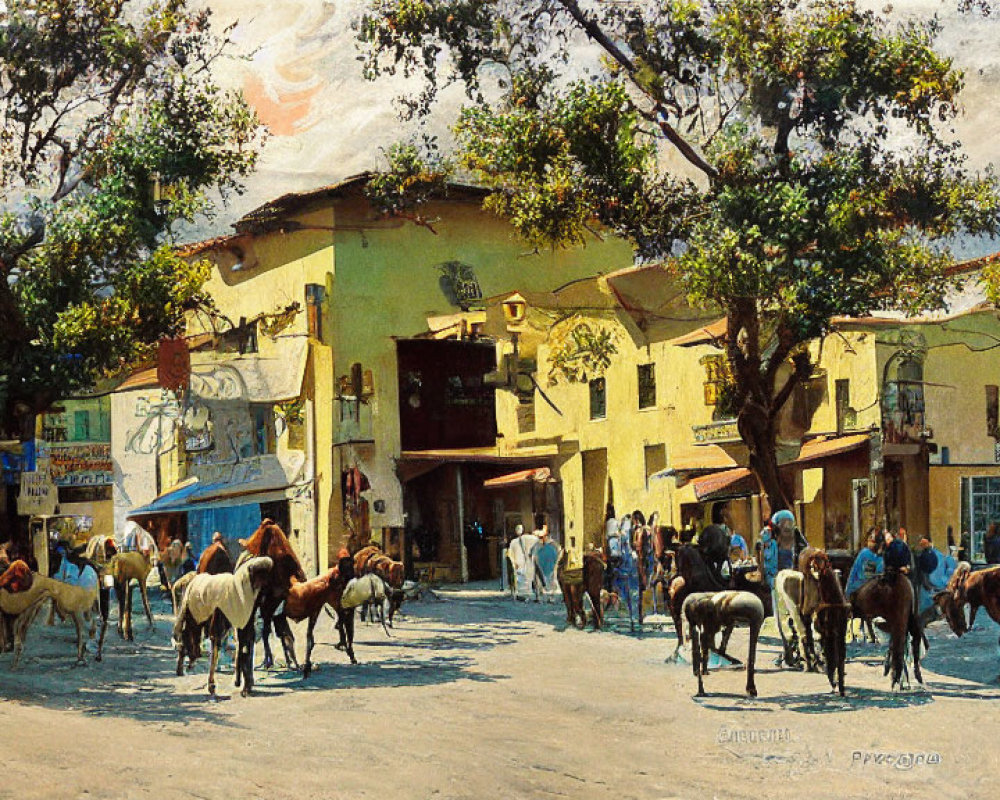 Colorful Street Scene Painting with People and Horses in Sunlit Square