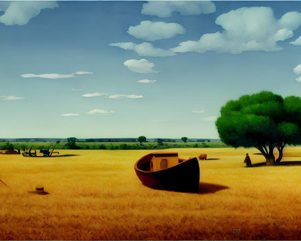 Surreal landscape: boat on wheat field, tree, figures, animals, sky