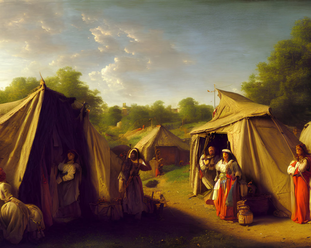 Rural Scene: Women by Canvas Tents, Lake, Cloudy Sky