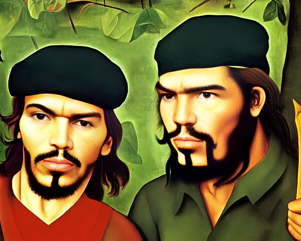 Vibrant portrait of two men in berets with a rifle, surrounded by a scene of people