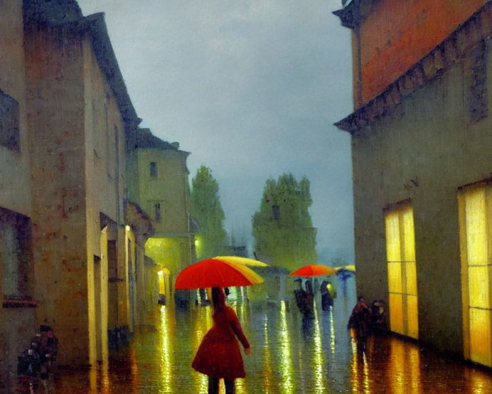 Pedestrians with umbrellas on rain-soaked street beside buildings with glowing windows.