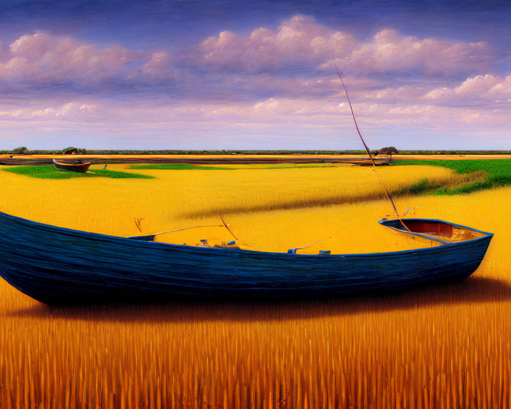 Blue boats on golden field under broad sky with fluffy clouds - surreal sea and farmland blend.