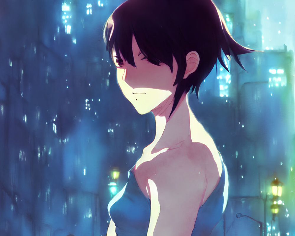 Young anime character with short black hair in blue-lit evening scene