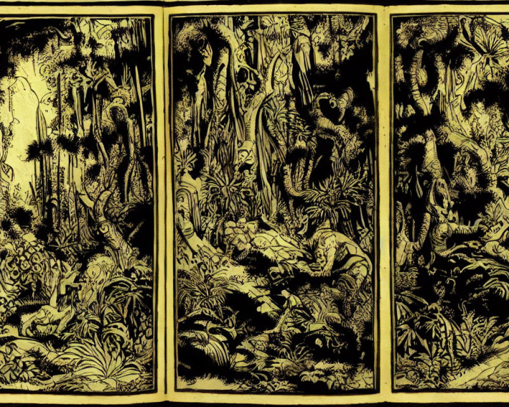 Black and Gold Triptych Illustration of Fantastical Jungle and Creatures