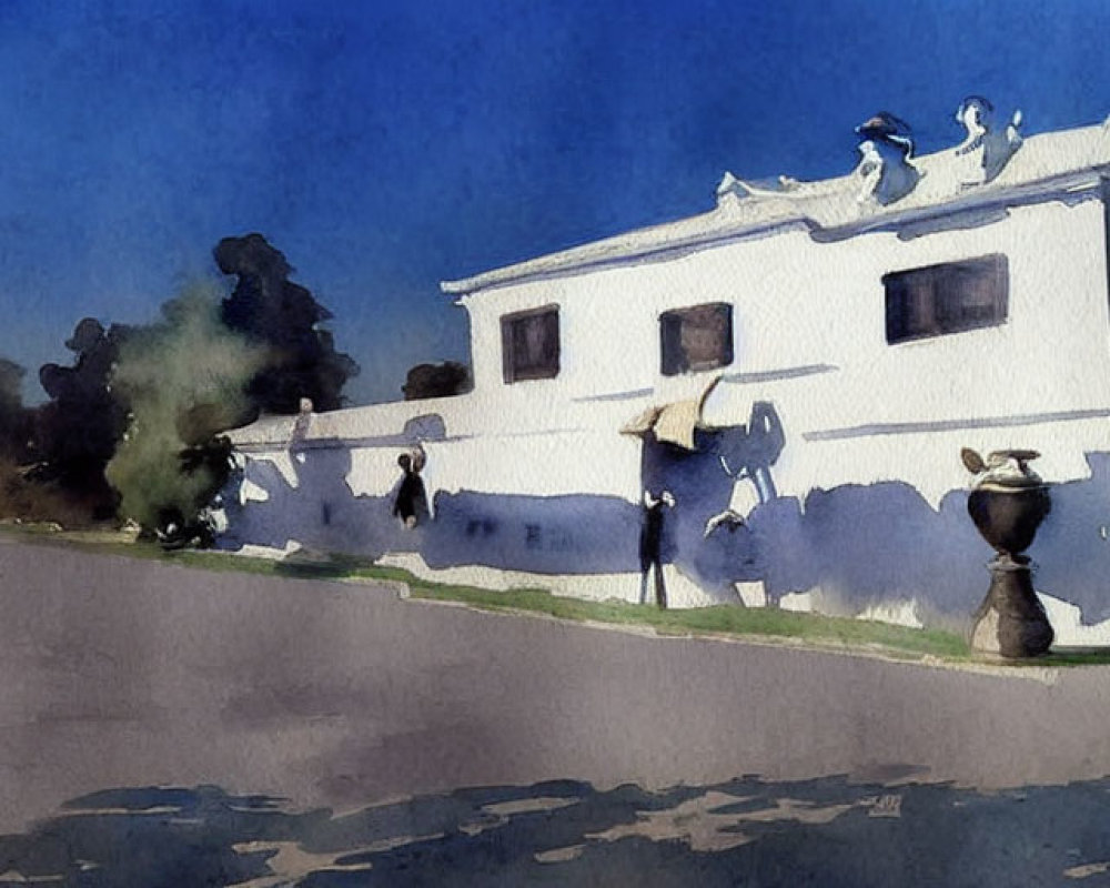 White House Watercolor Painting with Blue Sky and Trees on Road