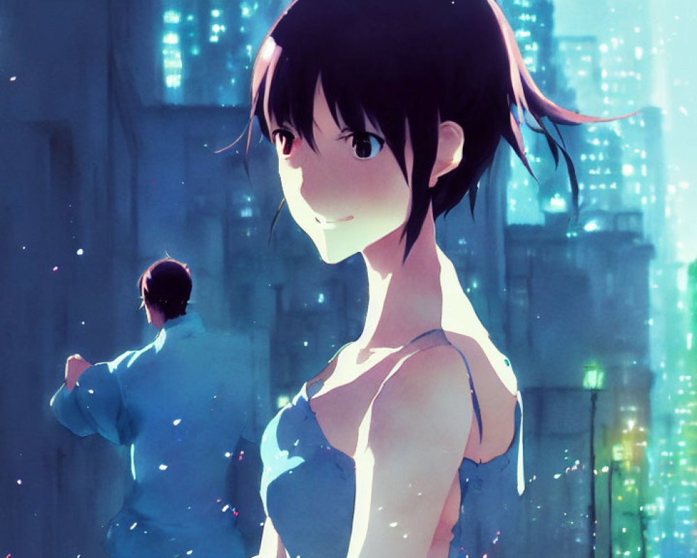 Smiling animated girl under streetlights with blue particles