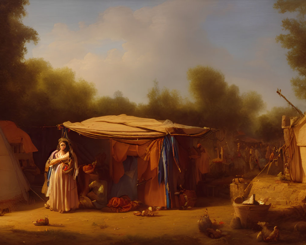 Classical painting of woman near canvas tents in warm, earthy tones