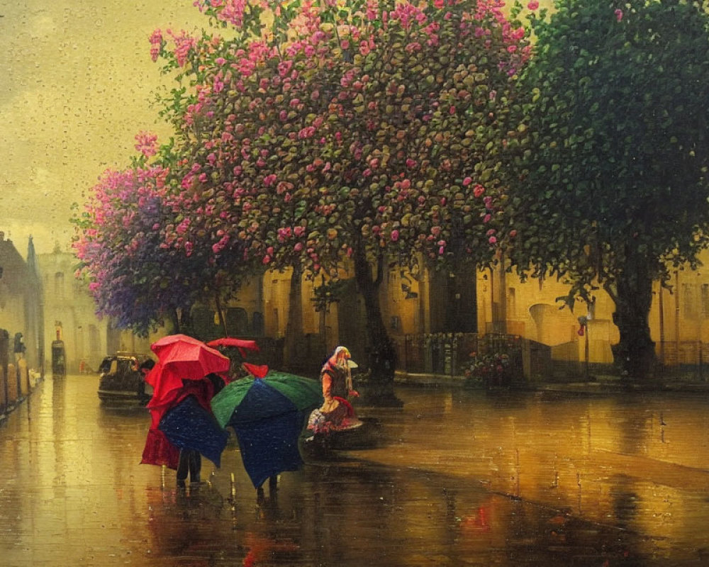 Colorful umbrellas on rainy street with blooming tree and warm glow