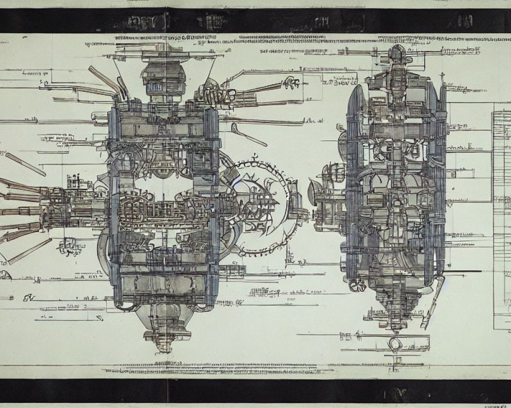 Technical Drawing of Mechanical Assembly with Annotations and Measurements in Blue and Yellow Tones