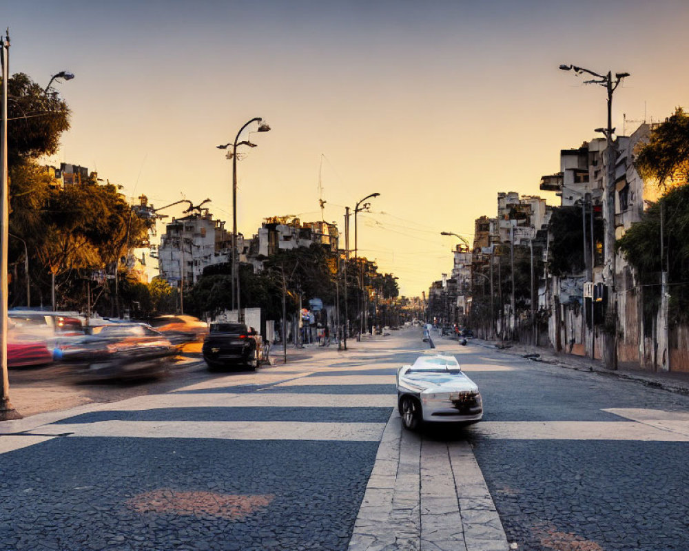 City Street at Dusk: Cars in Motion, Buildings, Warm Sky