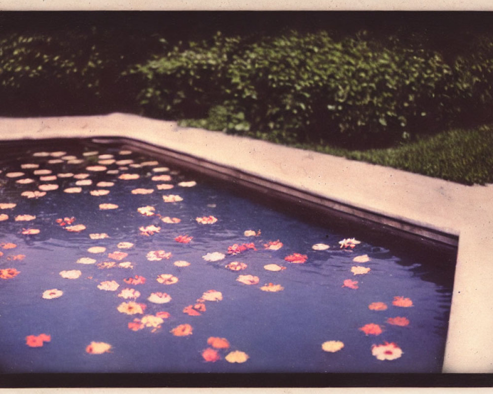 Vintage Outdoor Pool with Pink Flowers and Green Shrubs