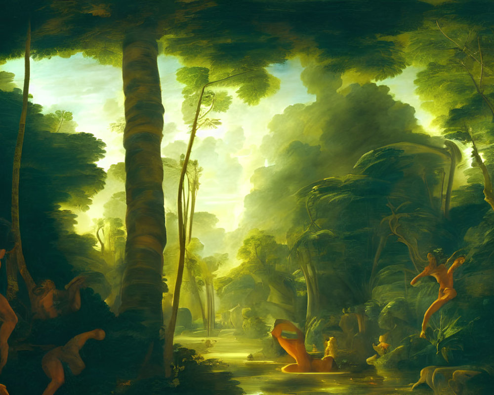 Tropical forest with towering trees and nude figures in various poses