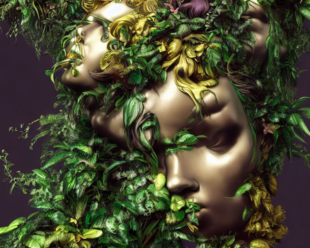 Golden face obscured by lush greenery and flowers in surreal image