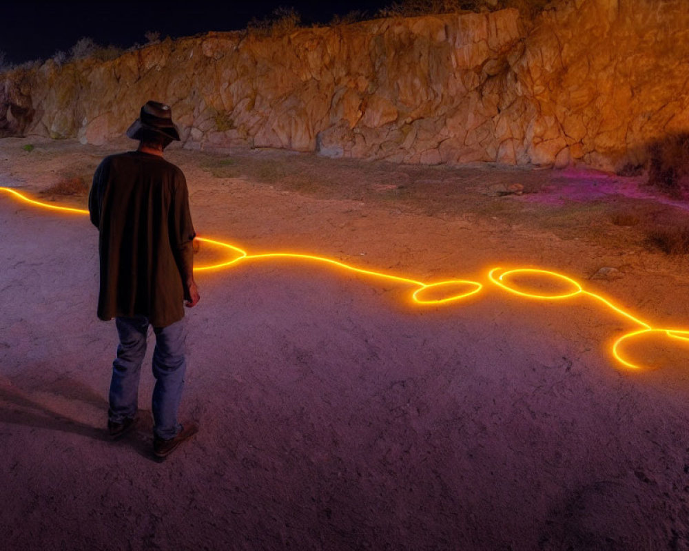 Man in Hat Observing Illuminated Winding Path at Night