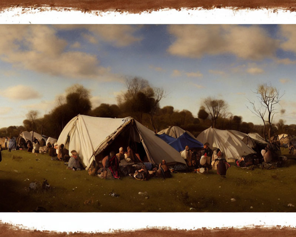 Historical encampment with people in period costumes under cloudy sky