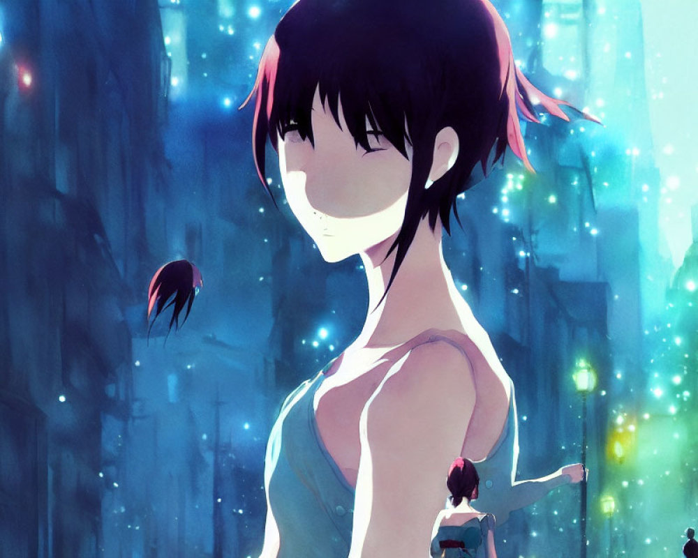 Stylized anime character with short dark hair and red tips in moody cityscape