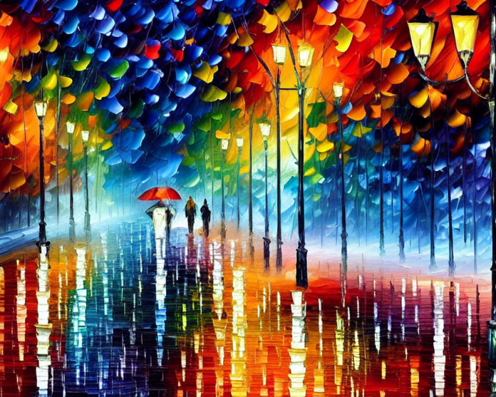 Colorful Impressionistic Painting of People with Umbrella on Rainy City Street