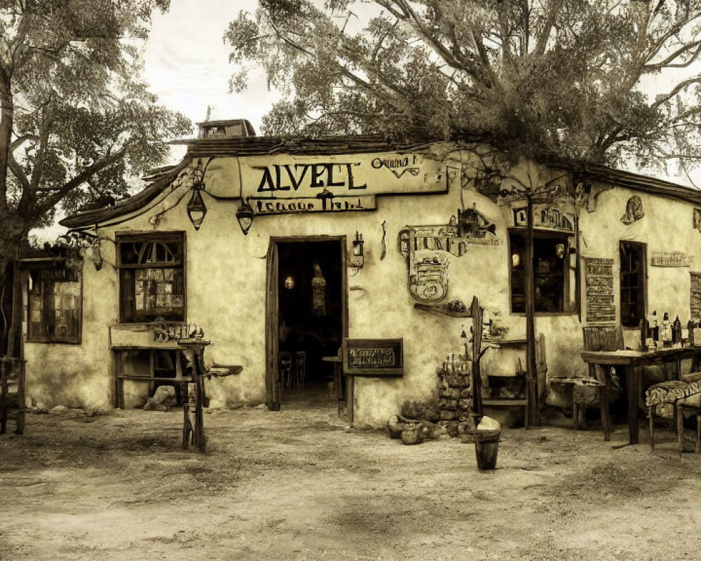 Vintage Decor Rustic Tavern Surrounded by Trees in Tranquil Setting