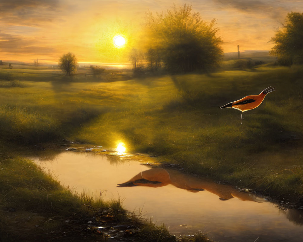 Tranquil sunset landscape with bird flying over reflective water