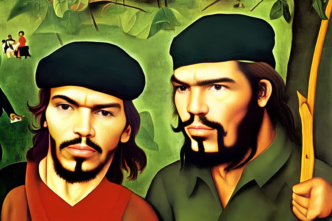 Vibrant portrait of two men in berets with a rifle, surrounded by a scene of people