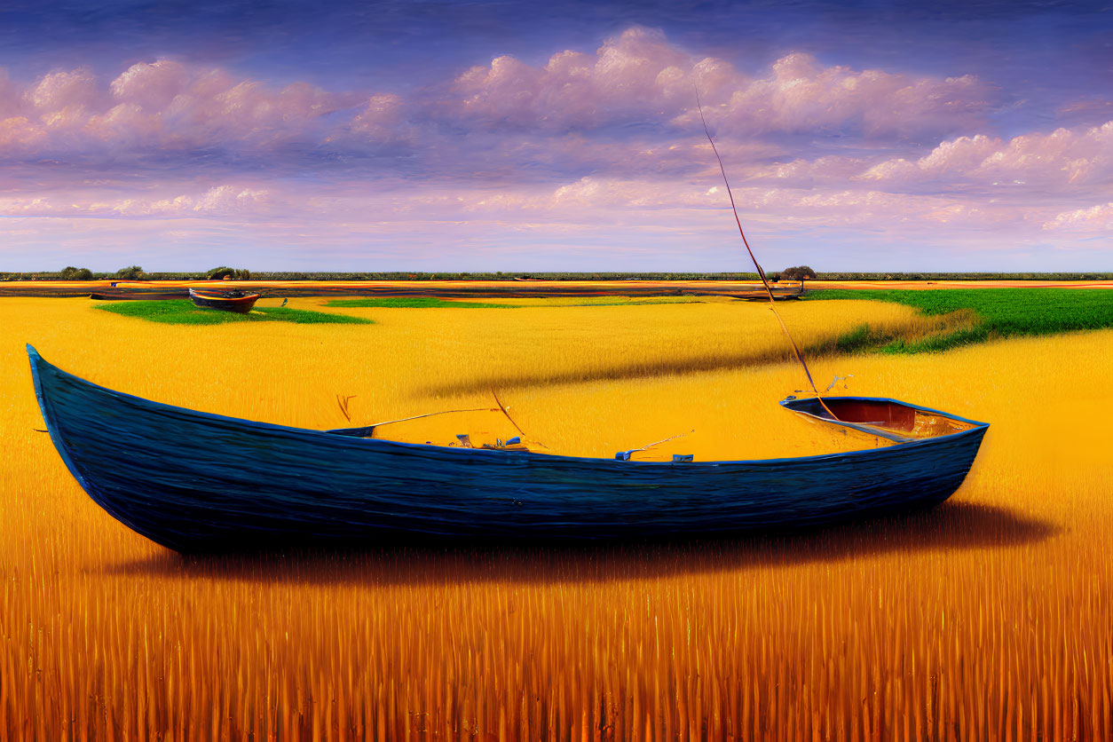 Blue boats on golden field under broad sky with fluffy clouds - surreal sea and farmland blend.