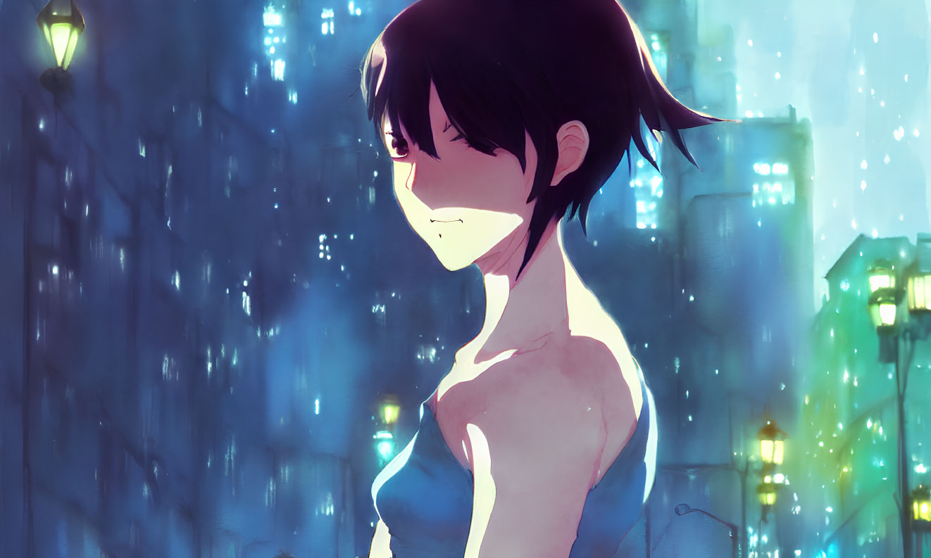 Young anime character with short black hair in blue-lit evening scene