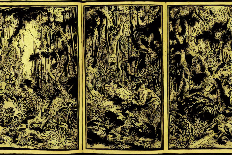 Black and Gold Triptych Illustration of Fantastical Jungle and Creatures