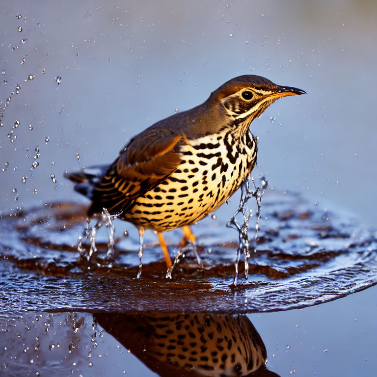 Brown Speckled Thrush Standing in Water with Droplets Splashing - Soft Lit Background