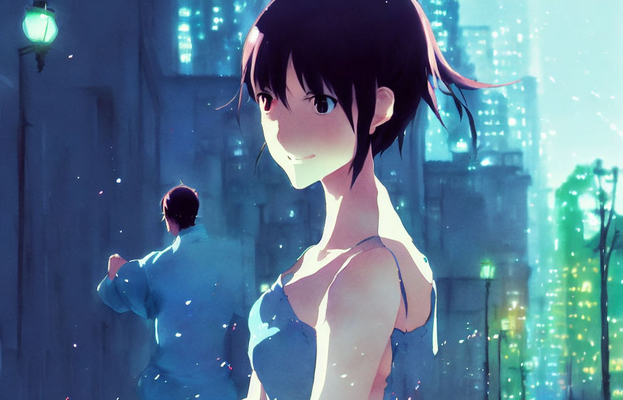 Smiling animated girl under streetlights with blue particles