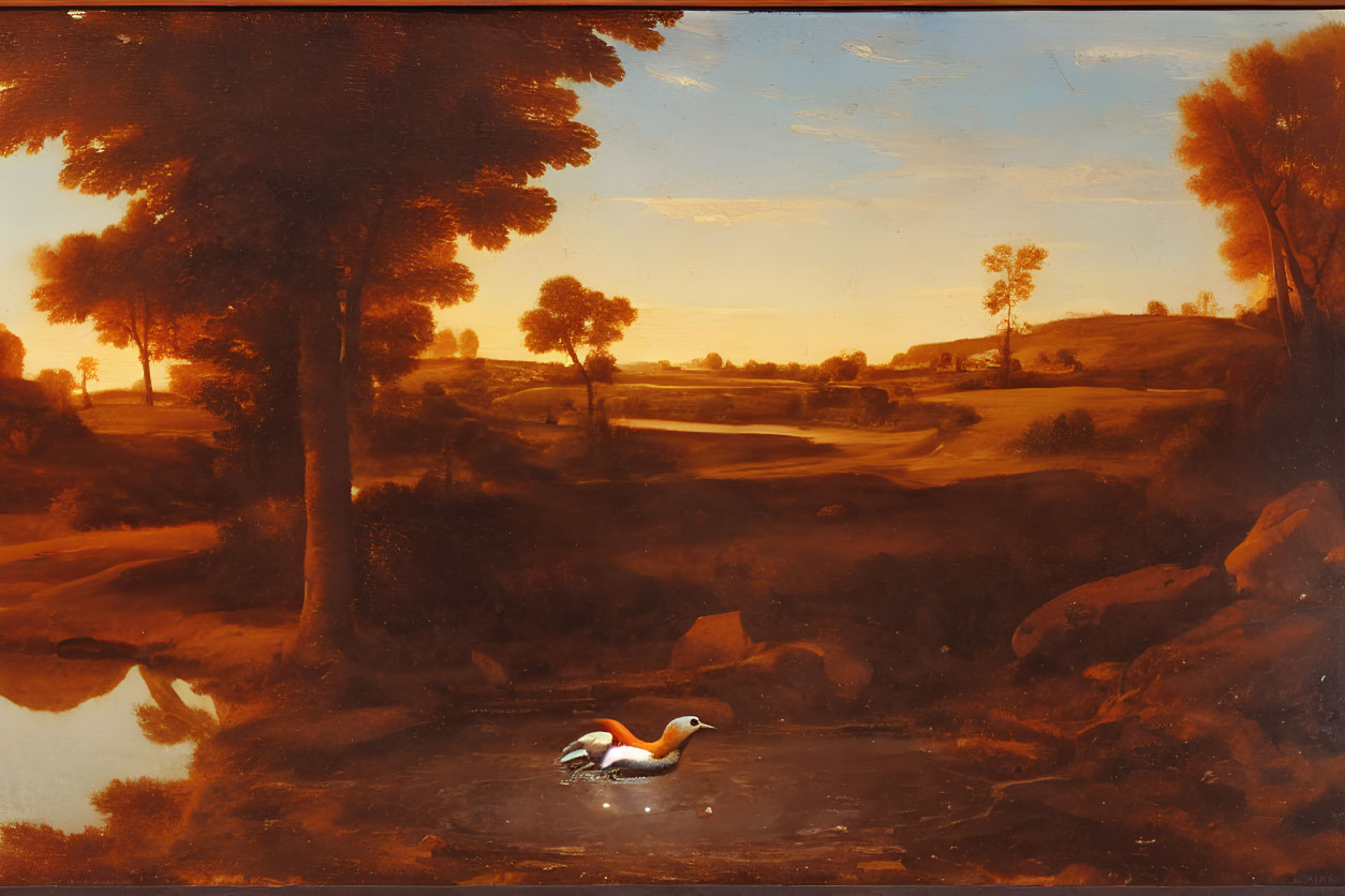 Tranquil sunset landscape with lone swan on pond