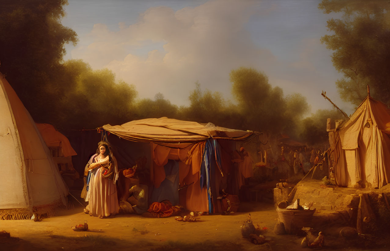 Classical painting of woman near canvas tents in warm, earthy tones