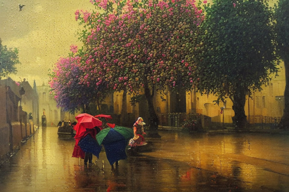 Colorful umbrellas on rainy street with blooming tree and warm glow