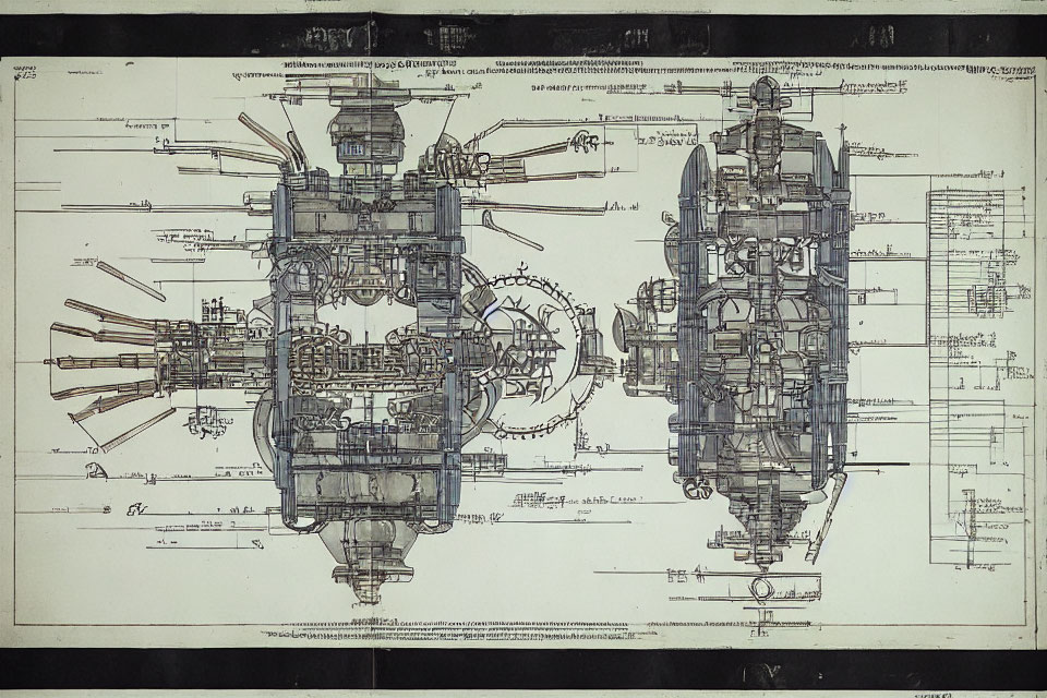 Technical Drawing of Mechanical Assembly with Annotations and Measurements in Blue and Yellow Tones