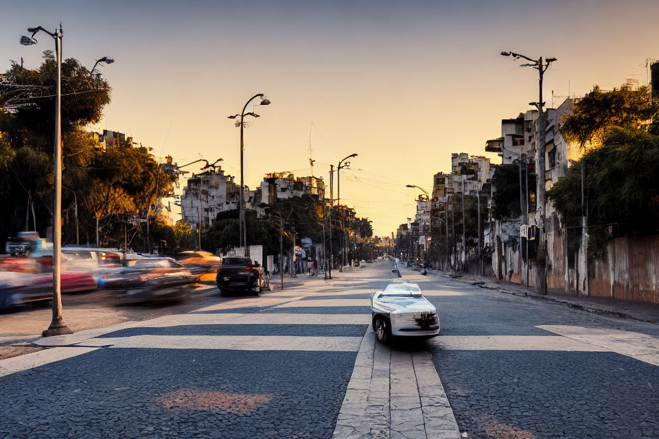 City Street at Dusk: Cars in Motion, Buildings, Warm Sky